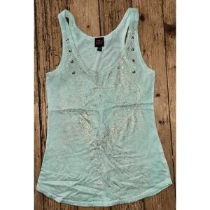 2b Bebe women’s size XS teal stitched heart with gold splatter tank